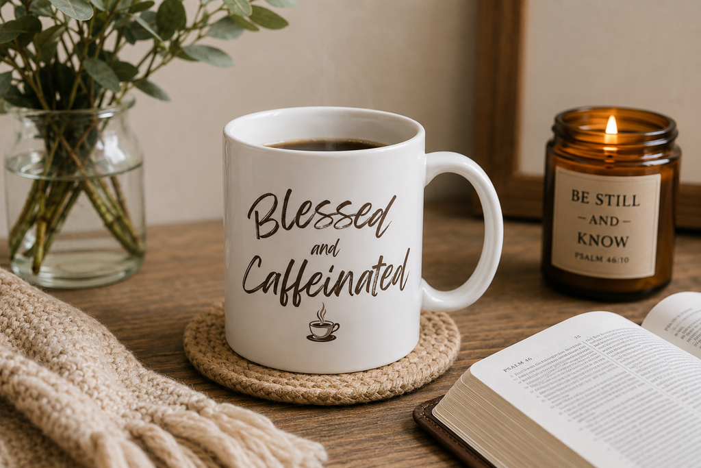 Blessed and Caffeinated Christian coffee mug