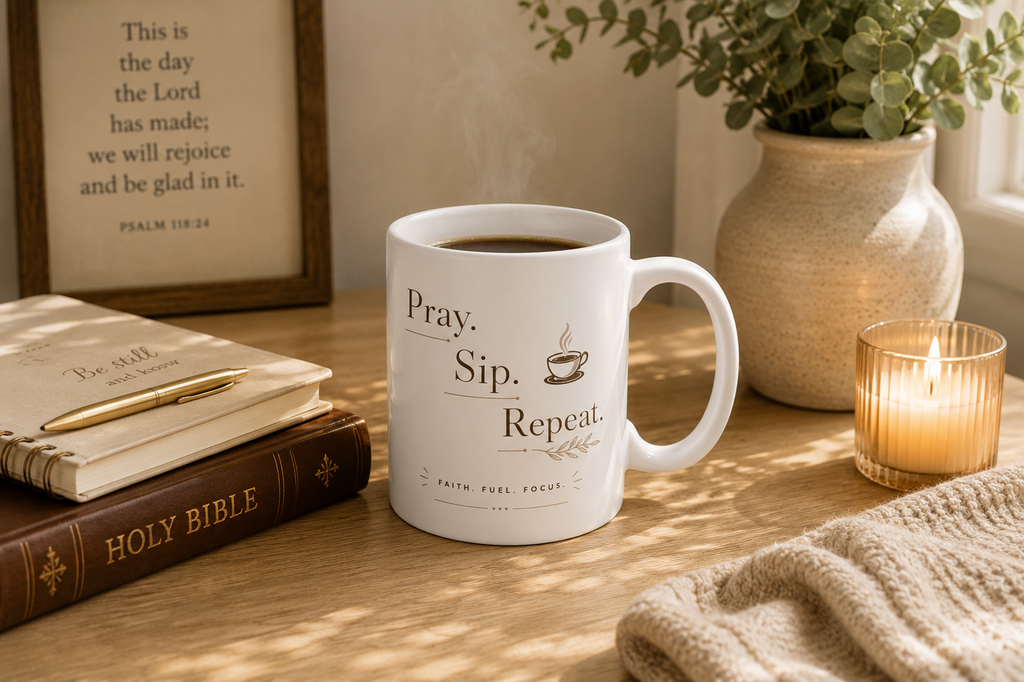 Pray. Sip. Repeat. Christian coffee mug