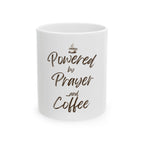 Powered by Prayer and Coffee mug front product view