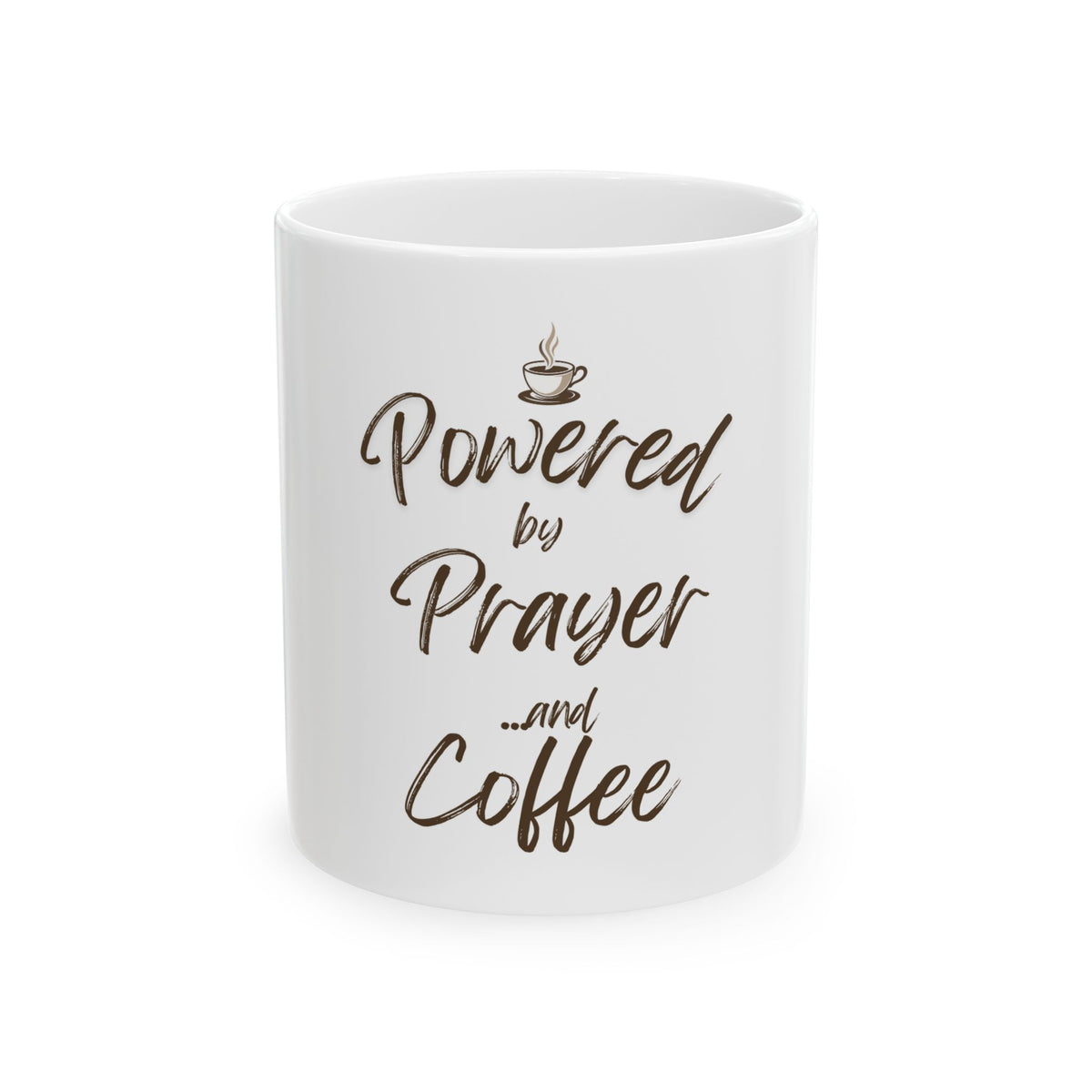 Powered by Prayer and Coffee mug front product view