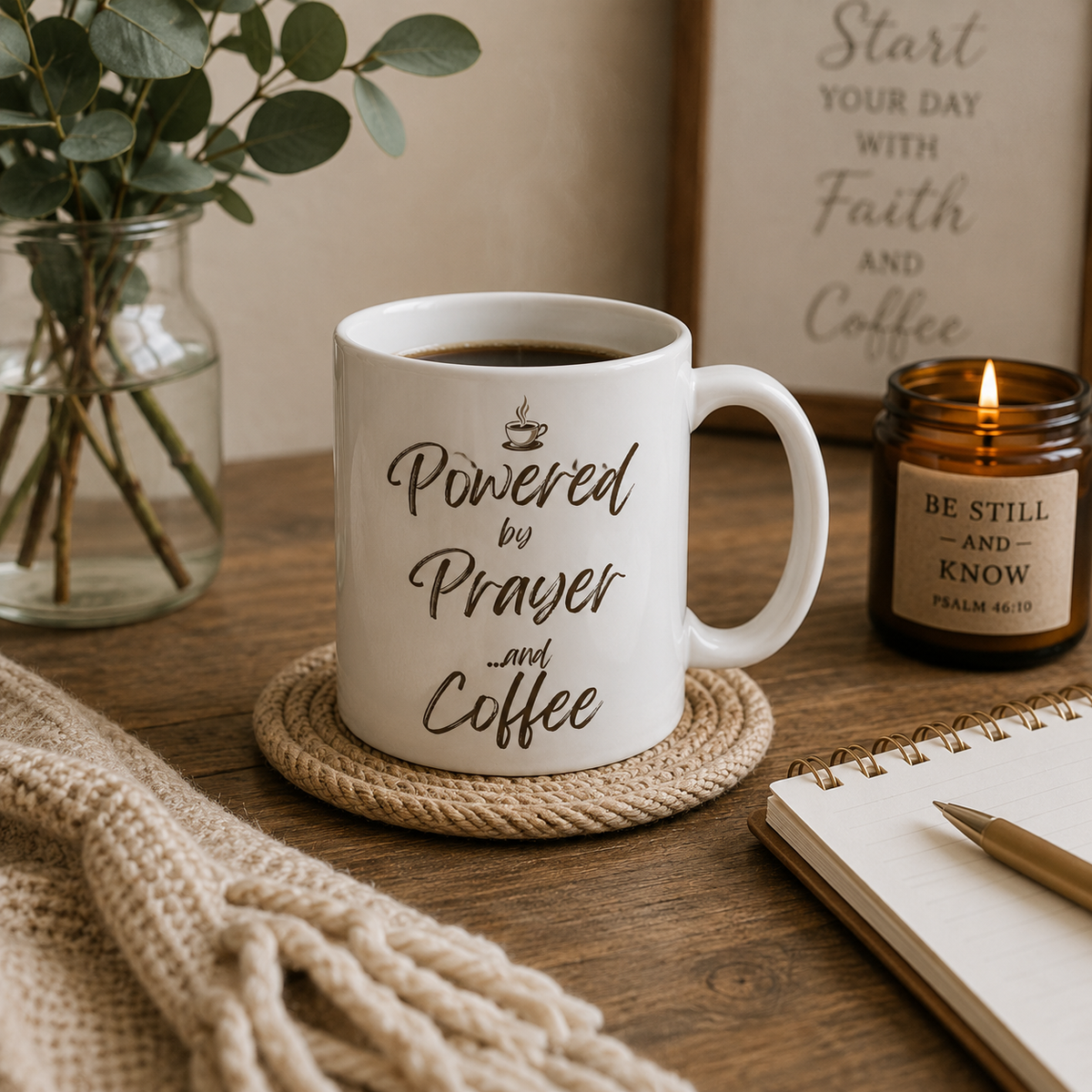 Powered by Prayer and Coffee Christian coffee mug